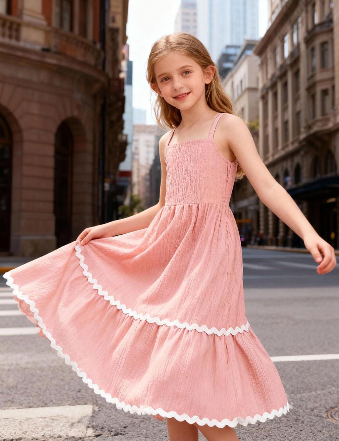 image:imageArshiner Girls Summer Spaghetti Strap Dresses Flowy Tiered Cami Maxi Sundress with PocketsPink