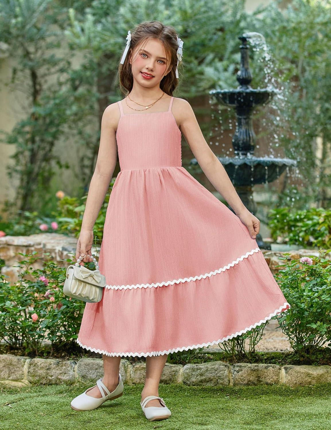 image:imageArshiner Girls Summer Spaghetti Strap Dresses Flowy Tiered Cami Maxi Sundress with PocketsPink