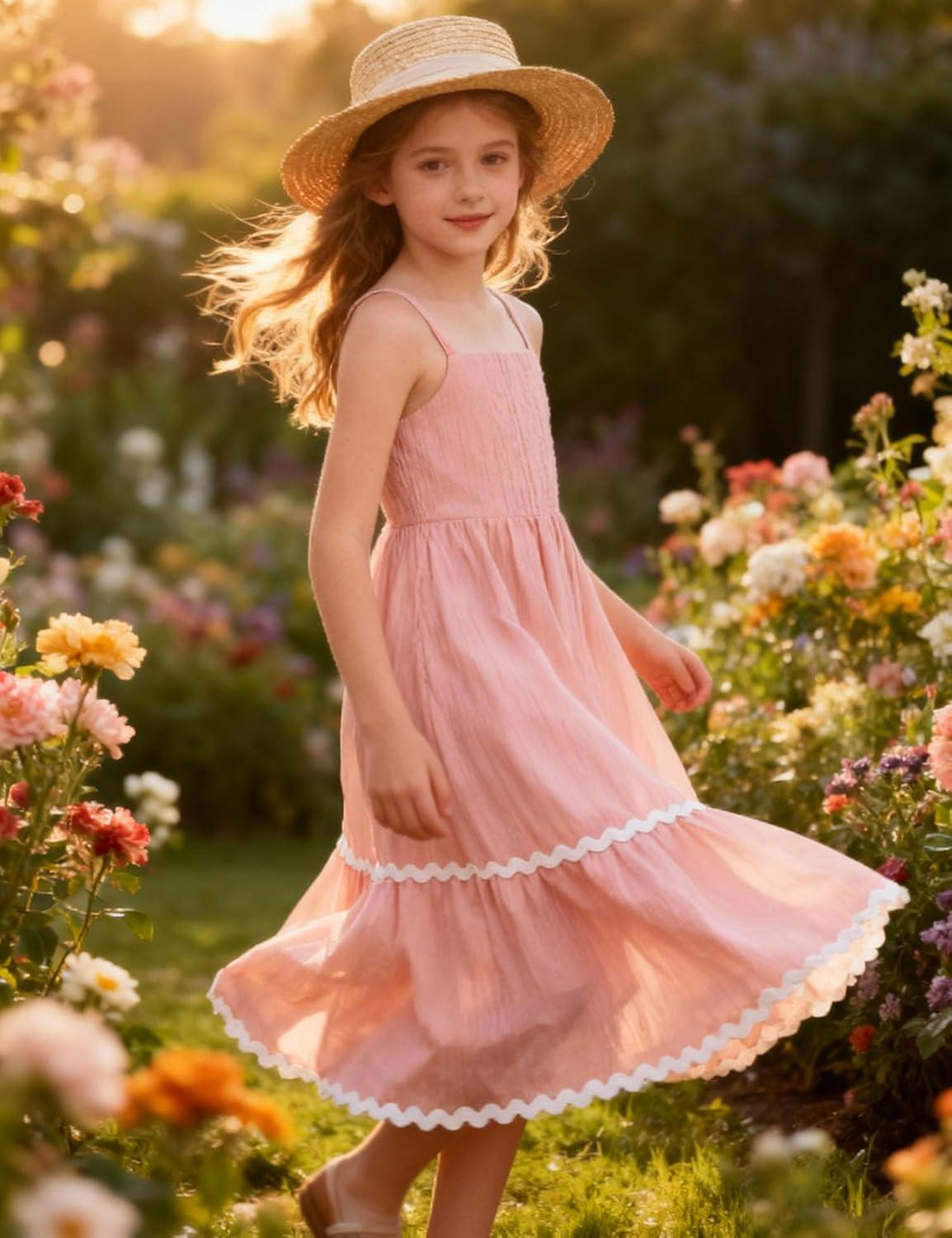 image:imageArshiner Girls Summer Spaghetti Strap Dresses Flowy Tiered Cami Maxi Sundress with PocketsPink