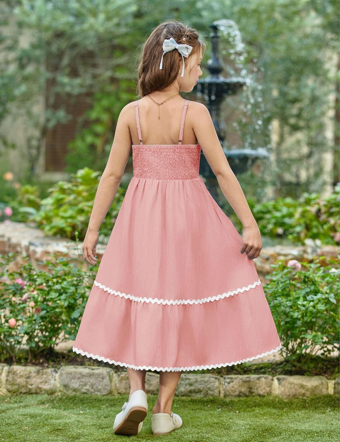 image:imageArshiner Girls Summer Spaghetti Strap Dresses Flowy Tiered Cami Maxi Sundress with PocketsPink