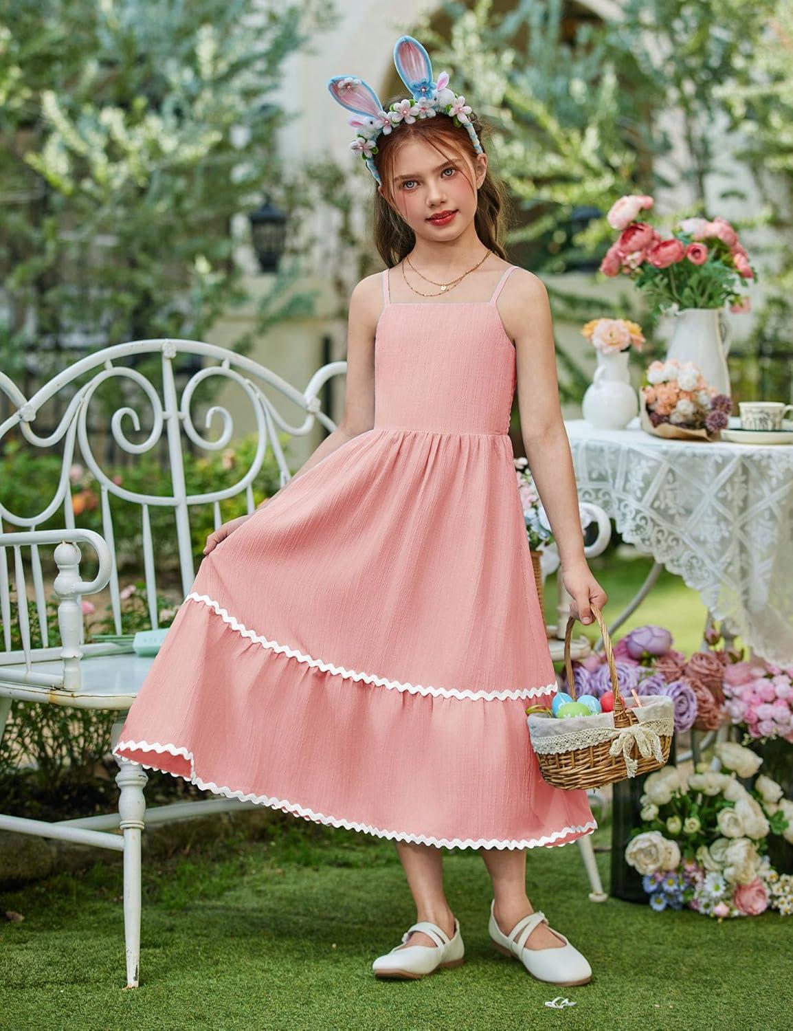 image:imageArshiner Girls Summer Spaghetti Strap Dresses Flowy Tiered Cami Maxi Sundress with PocketsPink