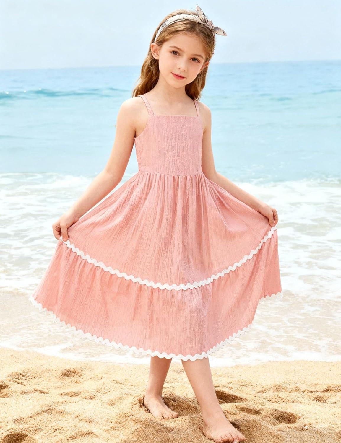 image:imageArshiner Girls Summer Spaghetti Strap Dresses Flowy Tiered Cami Maxi Sundress with PocketsPink