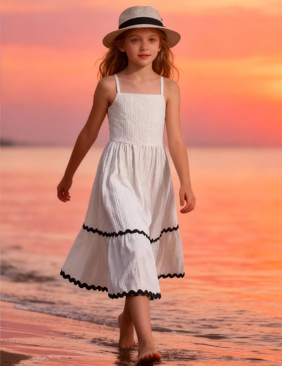 image:imageArshiner Girls Summer Spaghetti Strap Dresses Flowy Tiered Cami Maxi Sundress with PocketsWhite