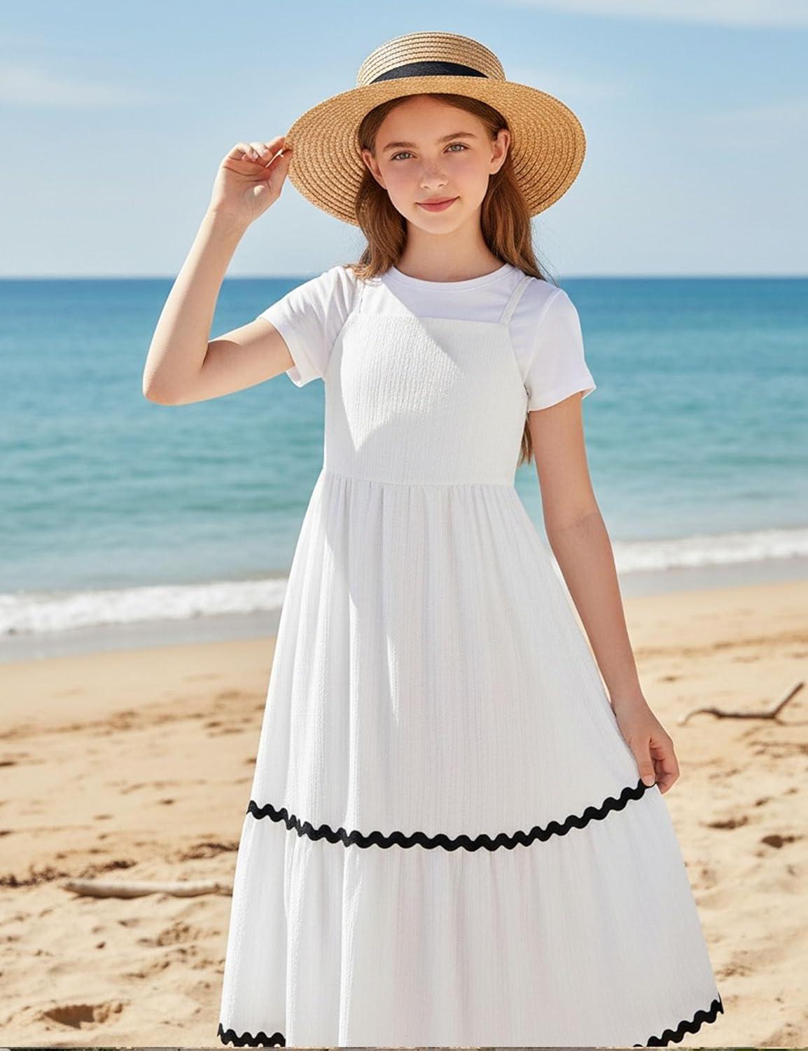 image:imageArshiner Girls Summer Spaghetti Strap Dresses Flowy Tiered Cami Maxi Sundress with PocketsWhite