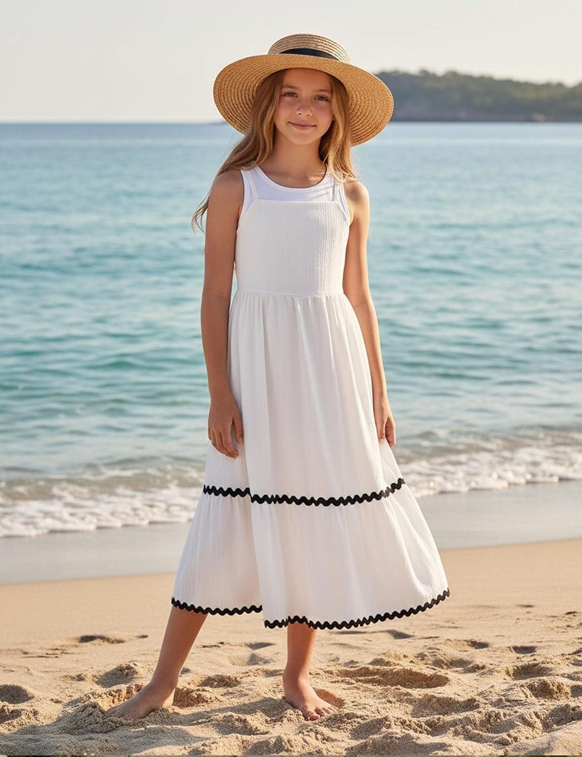 image:imageArshiner Girls Summer Spaghetti Strap Dresses Flowy Tiered Cami Maxi Sundress with PocketsWhite