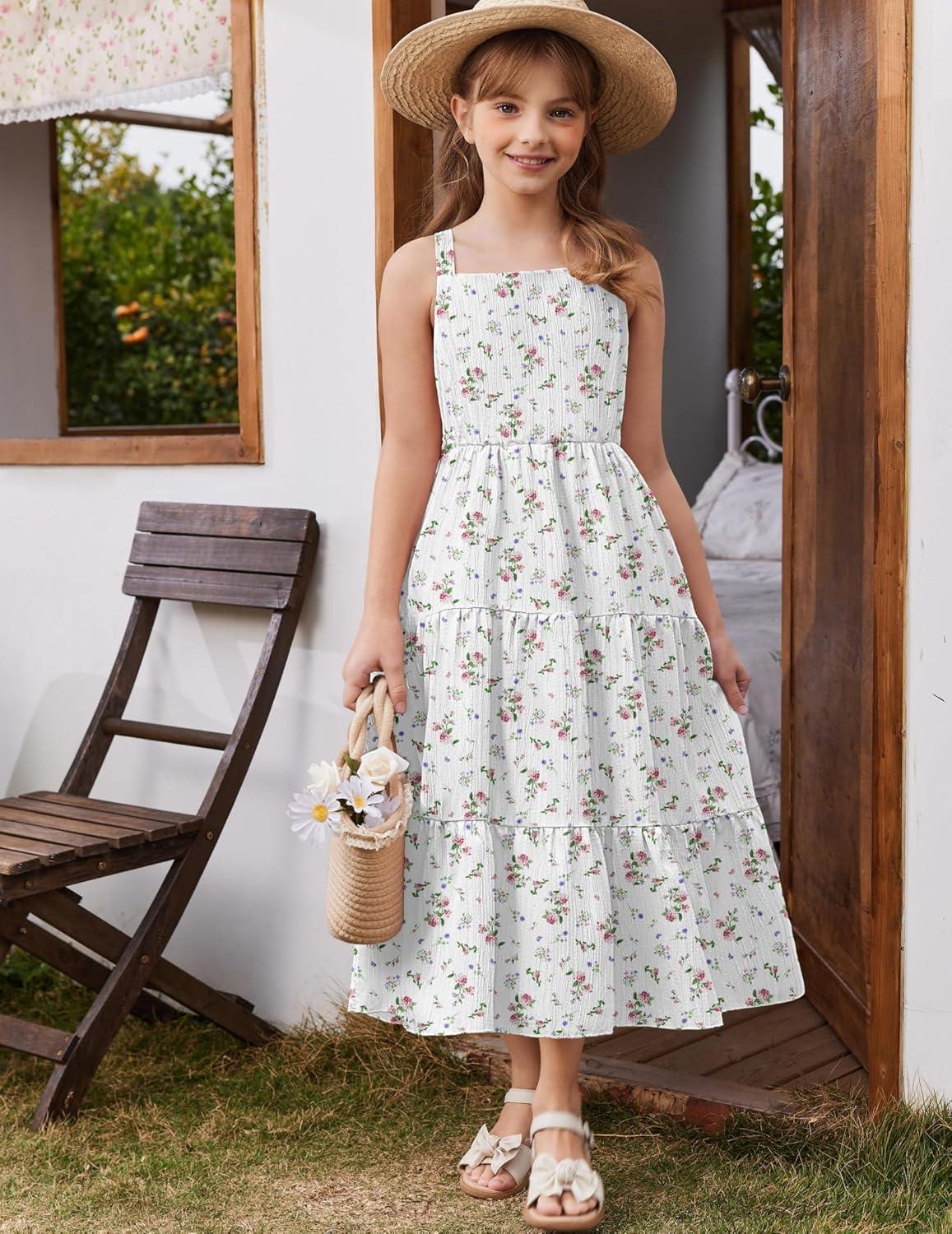 image:imageArshiner Girls Sundresses Summer Boho Strap Tiered Cami Maxi Dresses with PocketsPink White Floral