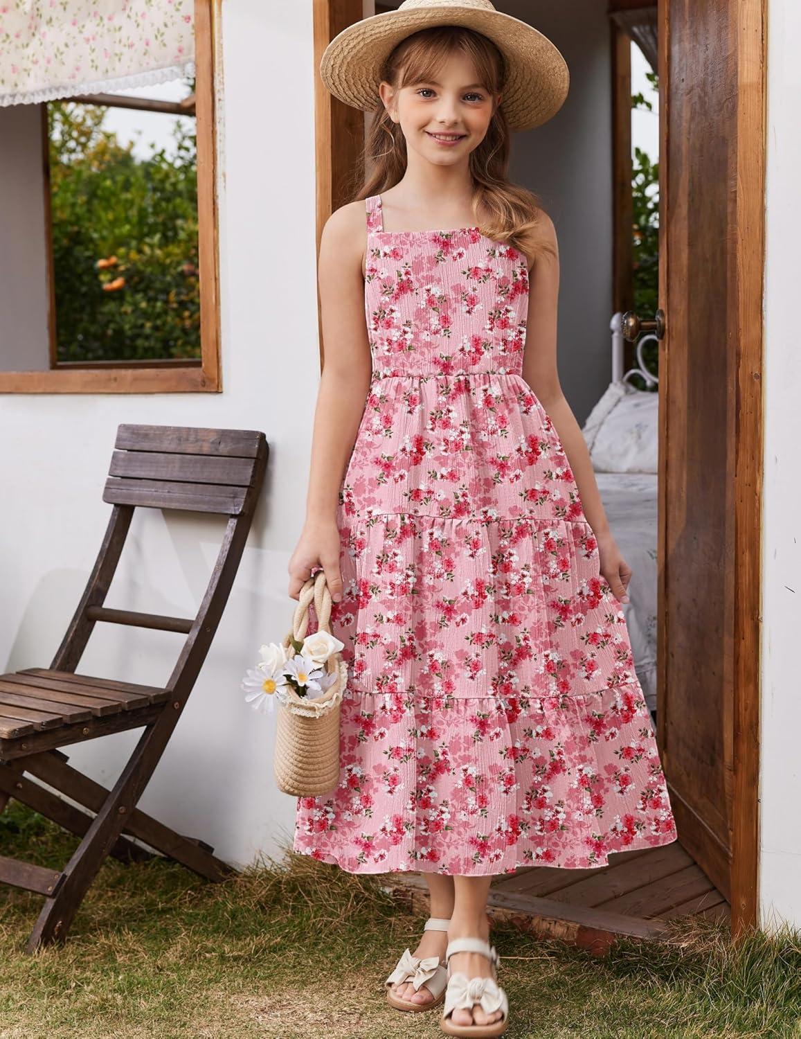 image:imageArshiner Girls Sundresses Summer Boho Strap Tiered Cami Maxi Dresses with PocketsPink Floral