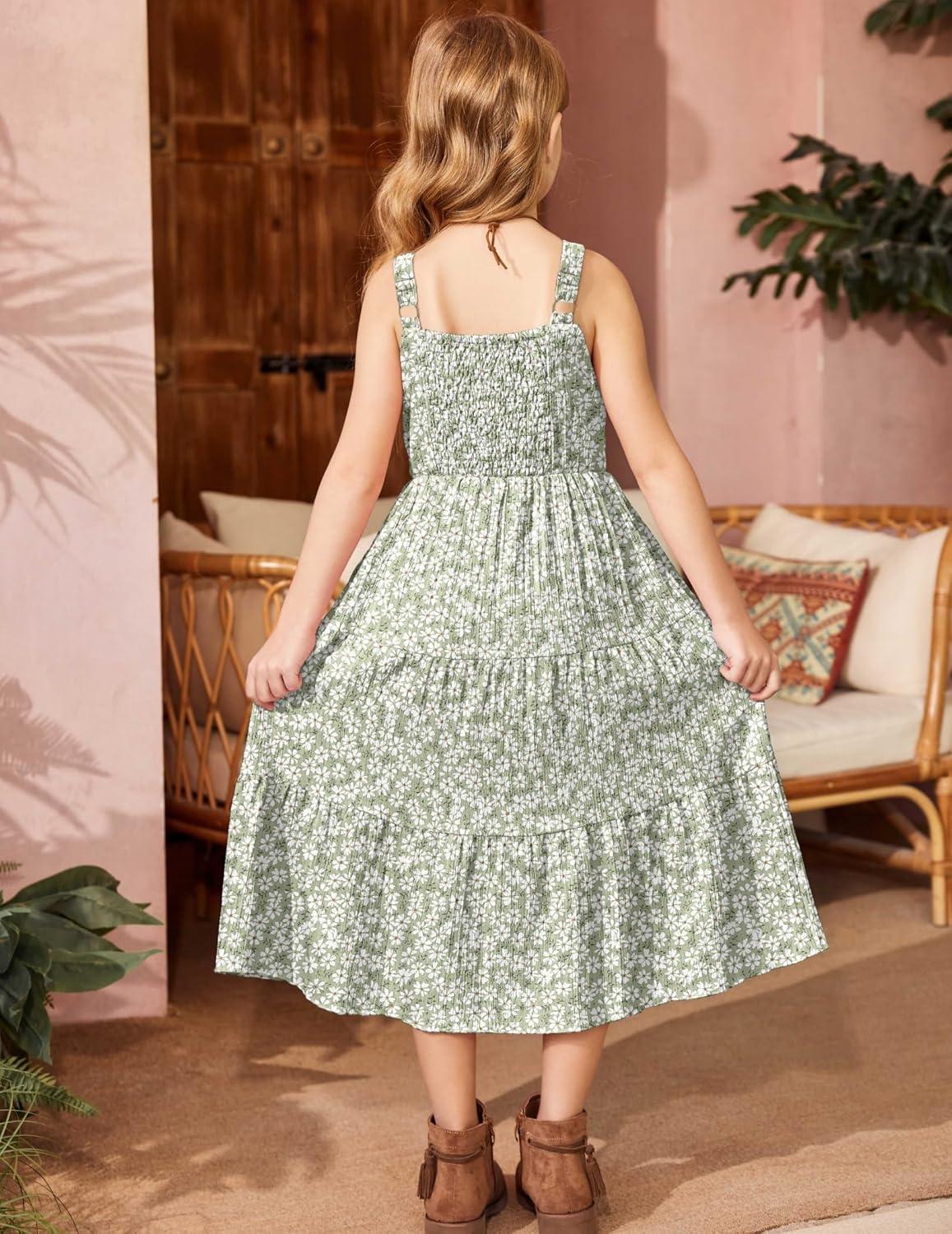 image:imageArshiner Girls Sundresses Summer Boho Strap Tiered Cami Maxi Dresses with PocketsWhite Green Floral