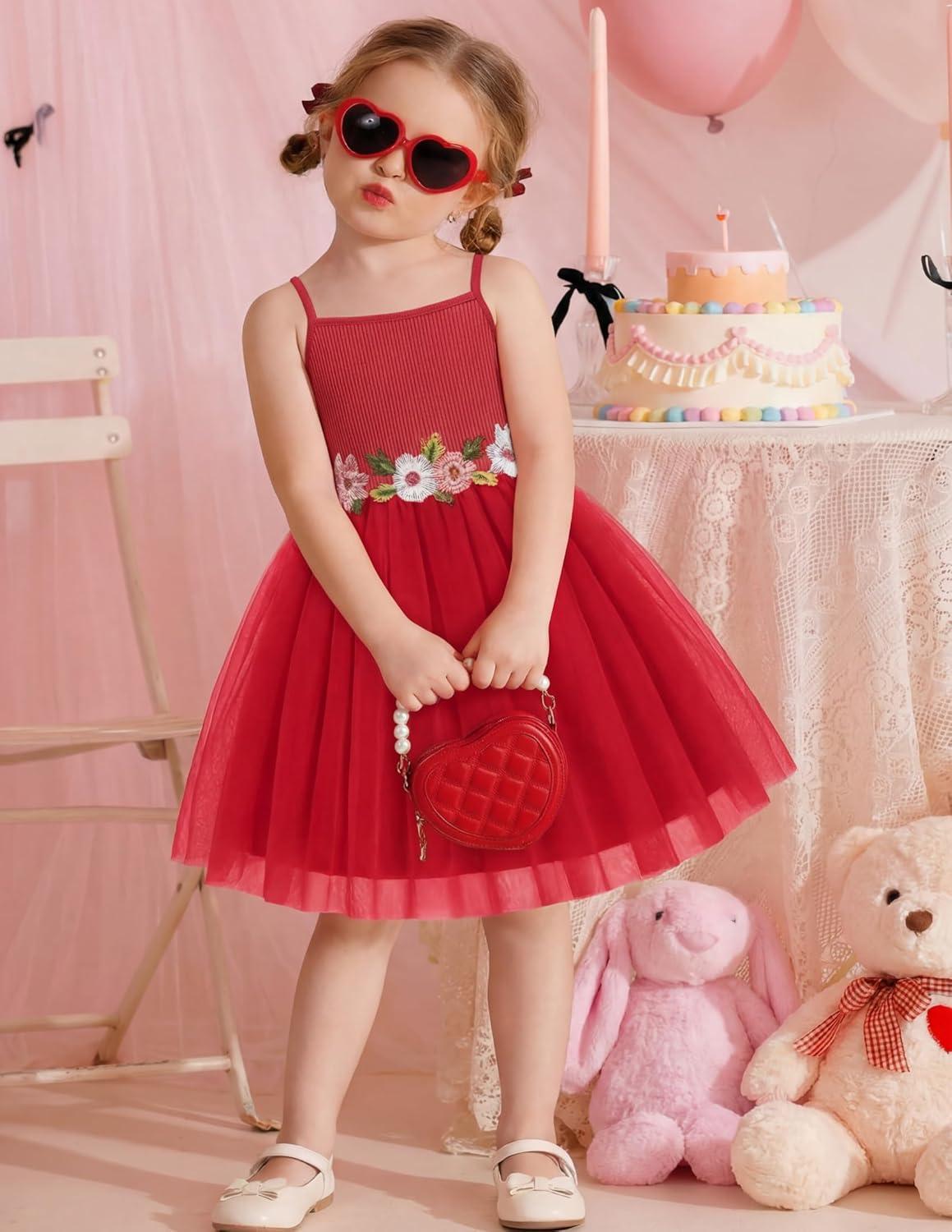 image:imageArshiner Toddler Tulle Dress Summer Spaghetti Strap Party Tutu Flower Girl Dresses with Belt 38YRed
