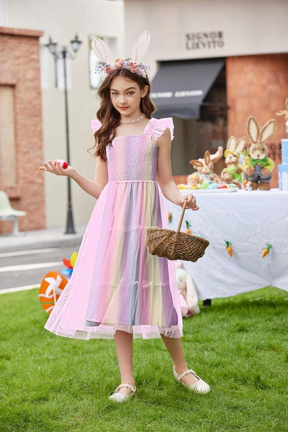 image:imageArshiner Tween Girls Dress Ruffle Sleeve Elastic Straps Smocked ALine Tulle Summer Long Patry Birthday SundressRainbow