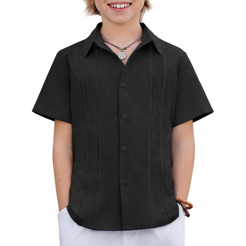 image:imageArshiner Boys Cuban Guayabera Shirt Short Sleeve Button Down Shirt Summer Casual Linen Shirts for Kids 412 YearsBlack