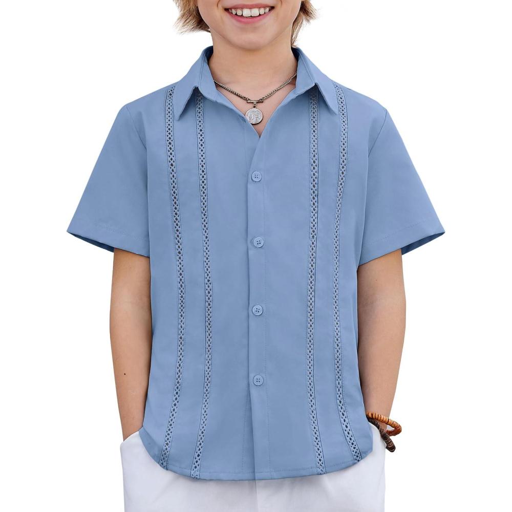 image:imageArshiner Boys Cuban Guayabera Shirt Short Sleeve Button Down Shirt Summer Casual Linen Shirts for Kids 412 YearsBlue