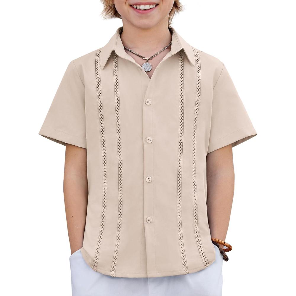 image:imageArshiner Boys Cuban Guayabera Shirt Short Sleeve Button Down Shirt Summer Casual Linen Shirts for Kids 412 YearsChampagne
