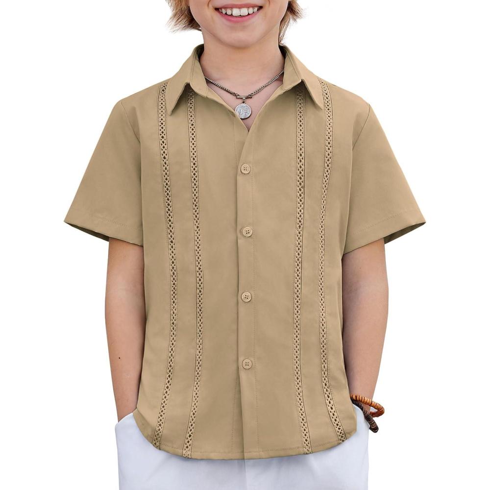 image:imageArshiner Boys Cuban Guayabera Shirt Short Sleeve Button Down Shirt Summer Casual Linen Shirts for Kids 412 YearsKhaki