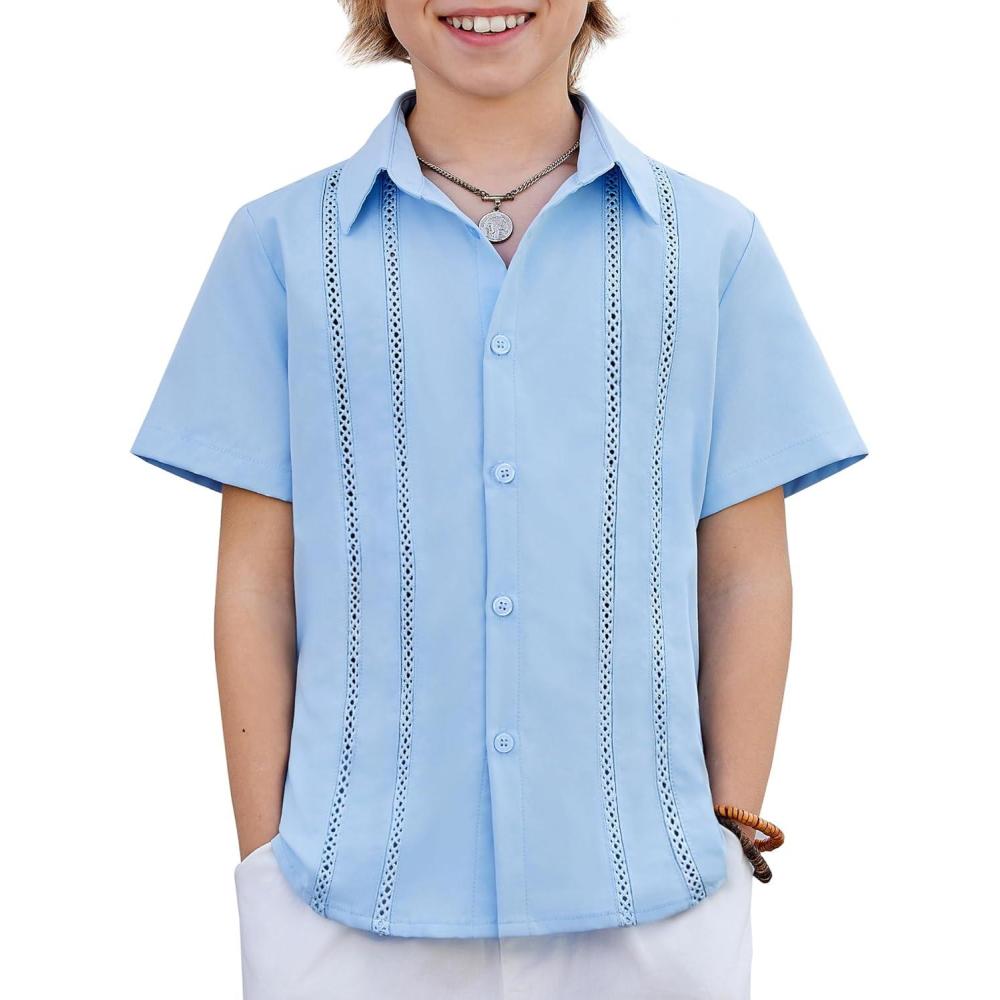 image:imageArshiner Boys Cuban Guayabera Shirt Short Sleeve Button Down Shirt Summer Casual Linen Shirts for Kids 412 YearsLight Blue