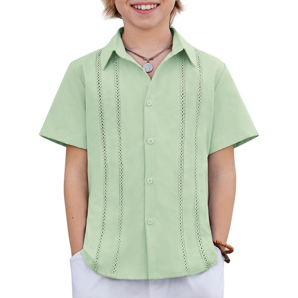 image:imageArshiner Boys Cuban Guayabera Shirt Short Sleeve Button Down Shirt Summer Casual Linen Shirts for Kids 412 YearsLight Green