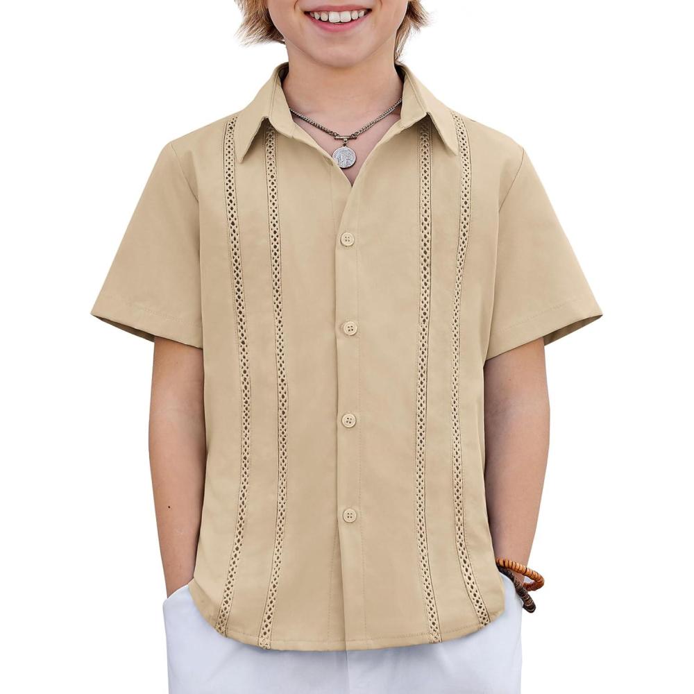image:imageArshiner Boys Cuban Guayabera Shirt Short Sleeve Button Down Shirt Summer Casual Linen Shirts for Kids 412 YearsLight Khaki