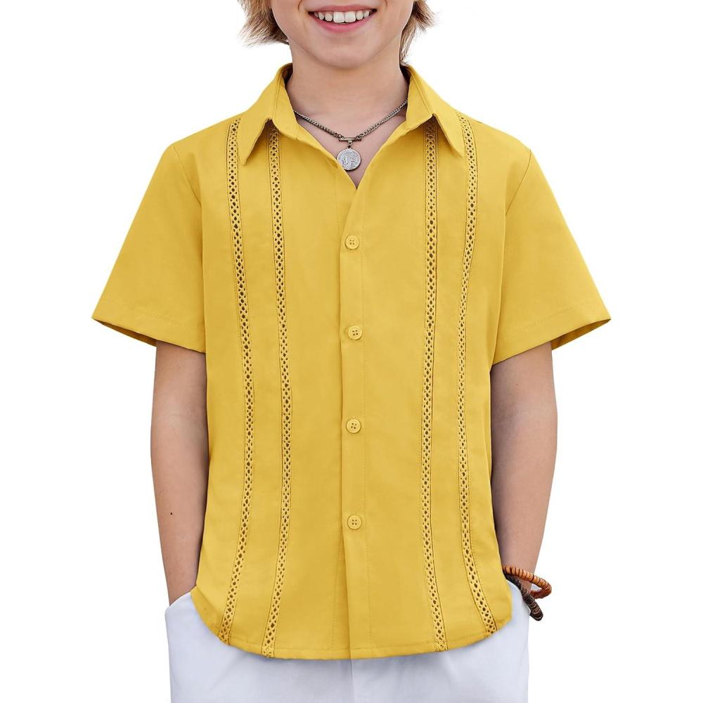 image:imageArshiner Boys Cuban Guayabera Shirt Short Sleeve Button Down Shirt Summer Casual Linen Shirts for Kids 412 YearsYellow