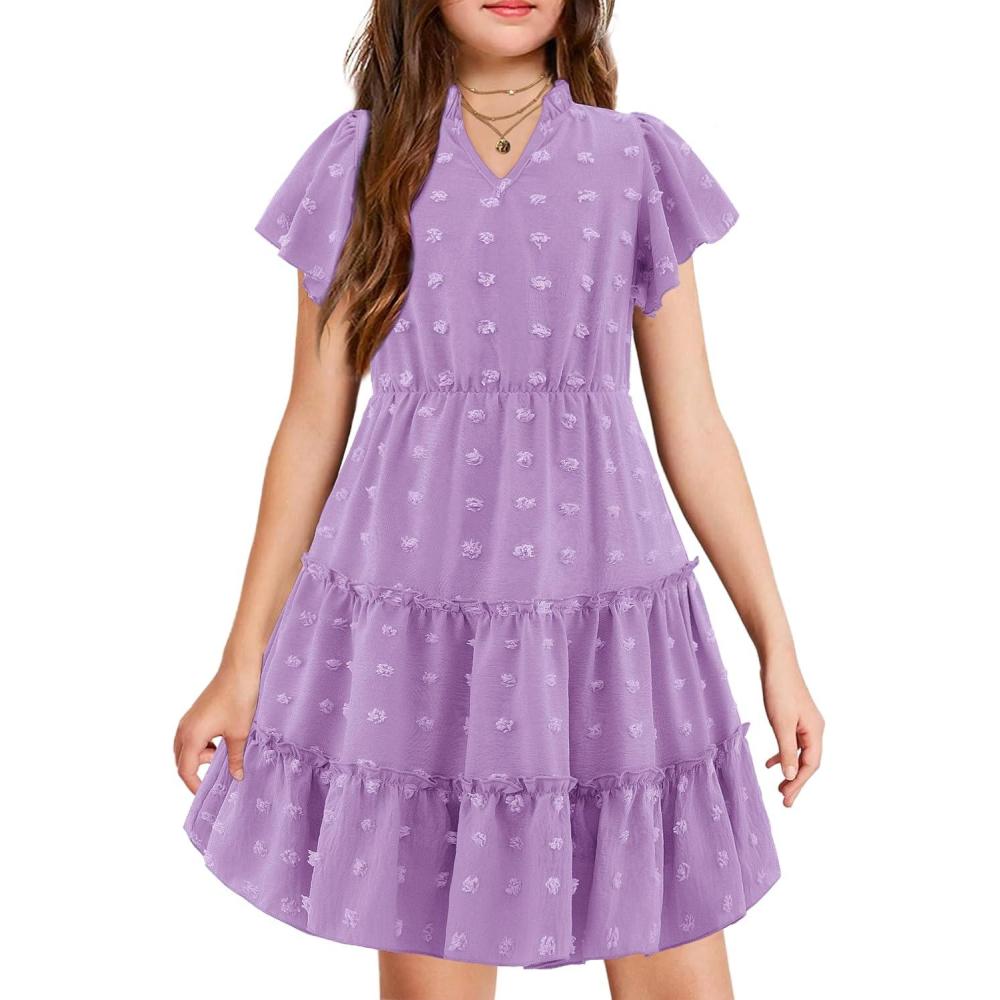 image:imageArshiner Girls 2025 Summer Dresses Pom Poms Flutter Ruffle Sleeve Midi Polka Dot V Neck Dress with PocketsLilac