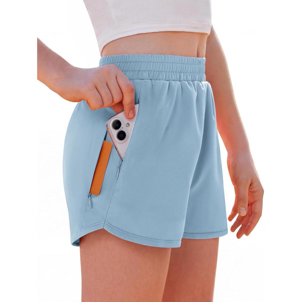 image:imageArshiner Girls Athletic Shorts with 3 Zipper Pockets Running Shorts Basketball Soccer Gym Sports Active with Liner KidsBlue