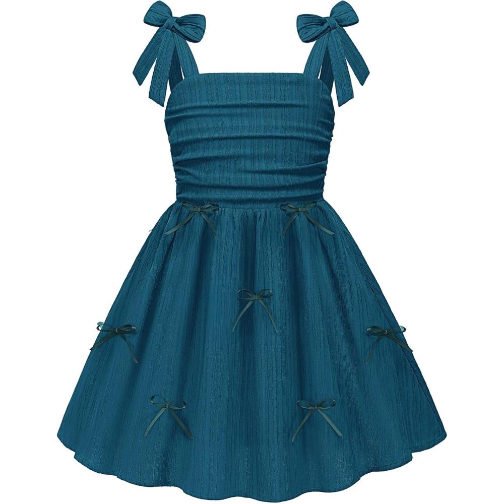 image:imageArshiner Girls Dresses Ruched Smocked Back Spaghetti Strap Bow Summer Boho Beach Party SundressBlue