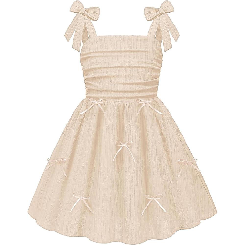image:imageArshiner Girls Dresses Ruched Smocked Back Spaghetti Strap Bow Summer Boho Beach Party SundressChampagne