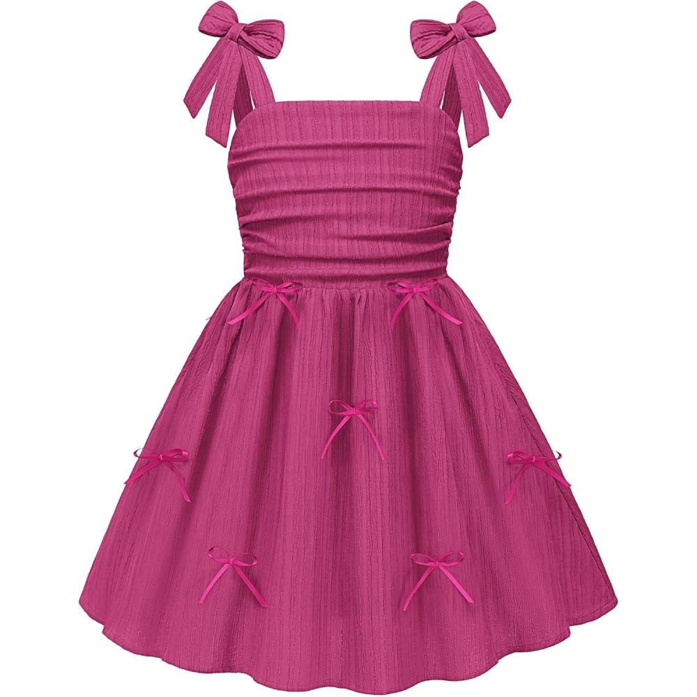 image:imageArshiner Girls Dresses Ruched Smocked Back Spaghetti Strap Bow Summer Boho Beach Party SundressHot Pink