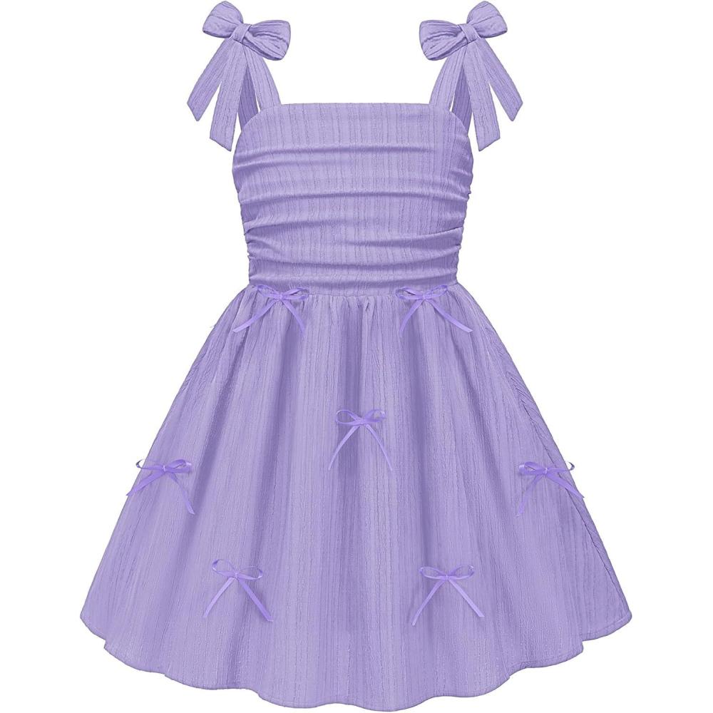 image:imageArshiner Girls Dresses Ruched Smocked Back Spaghetti Strap Bow Summer Boho Beach Party SundressLavender