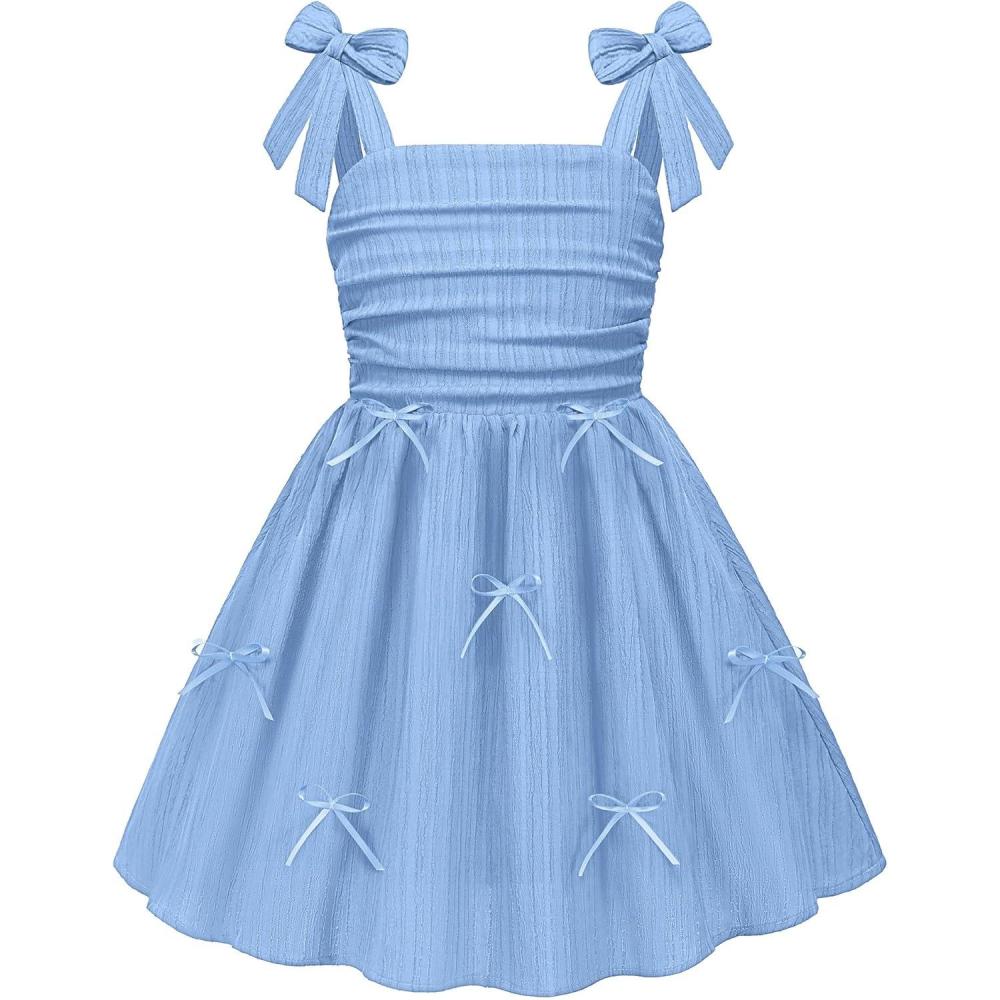 image:imageArshiner Girls Dresses Ruched Smocked Back Spaghetti Strap Bow Summer Boho Beach Party SundressLight Blue