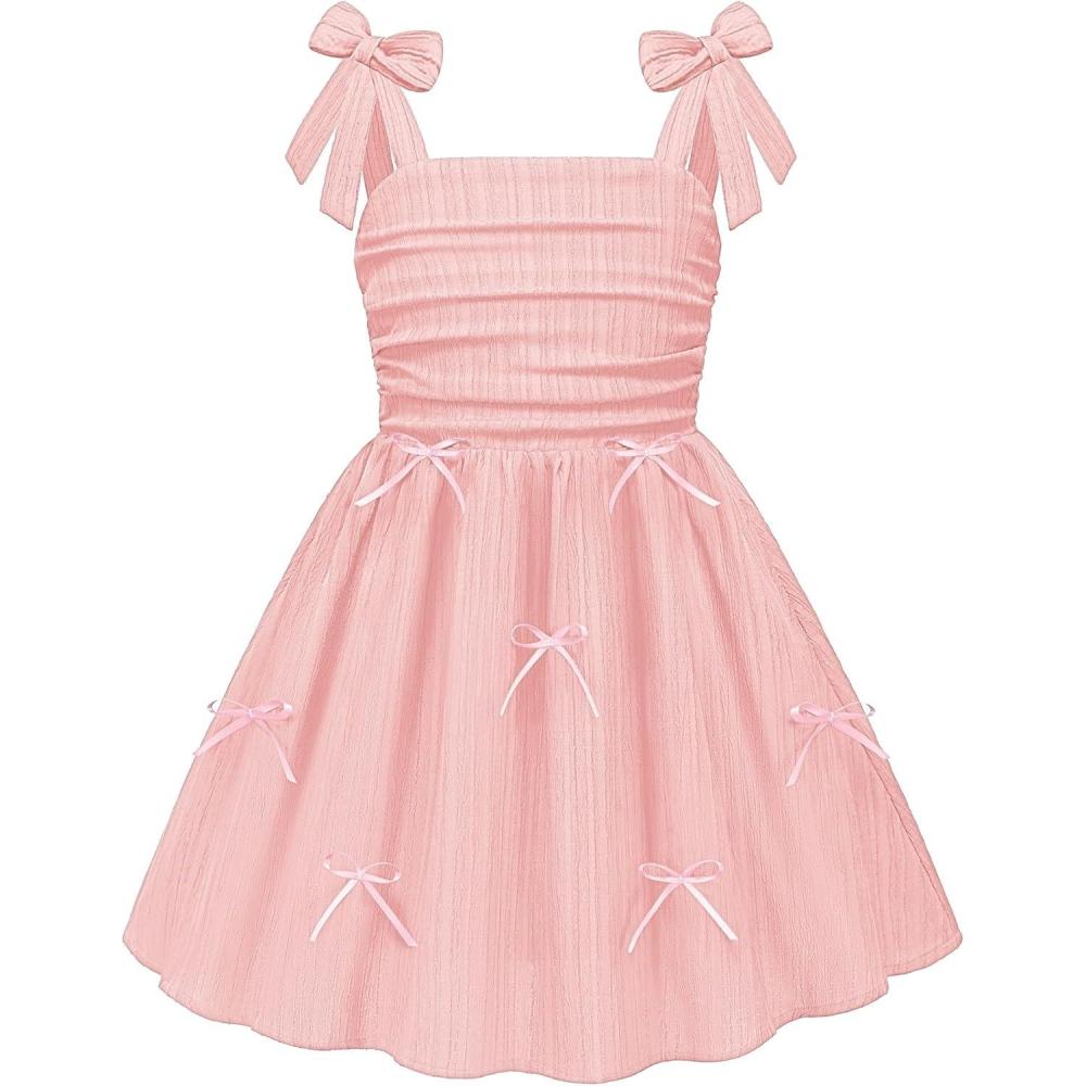 image:imageArshiner Girls Dresses Ruched Smocked Back Spaghetti Strap Bow Summer Boho Beach Party SundressLight Pink