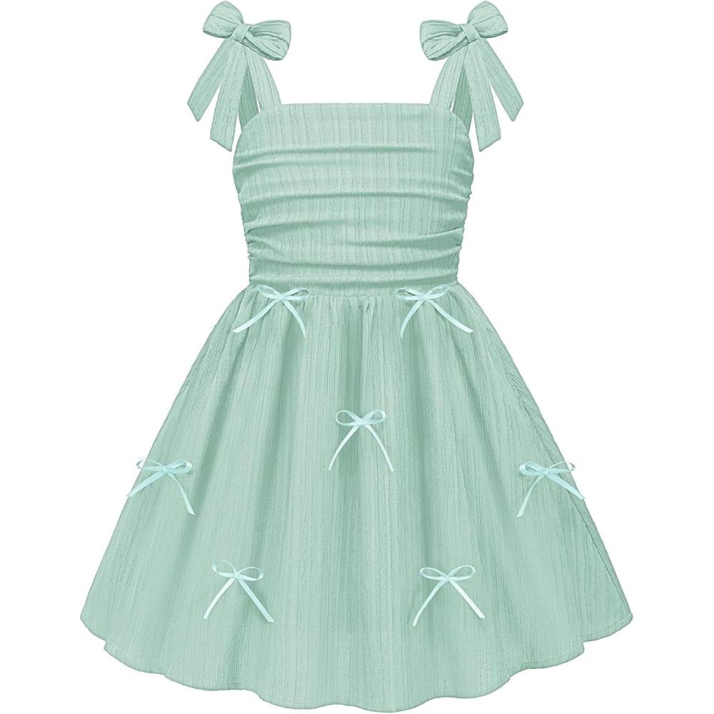 image:imageArshiner Girls Dresses Ruched Smocked Back Spaghetti Strap Bow Summer Boho Beach Party SundressSage Green