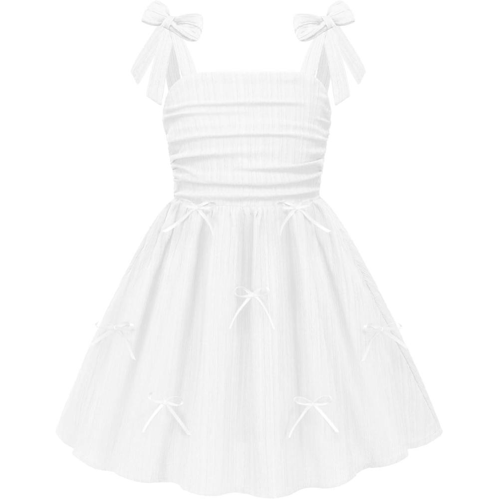 image:imageArshiner Girls Dresses Ruched Smocked Back Spaghetti Strap Bow Summer Boho Beach Party SundressWhite