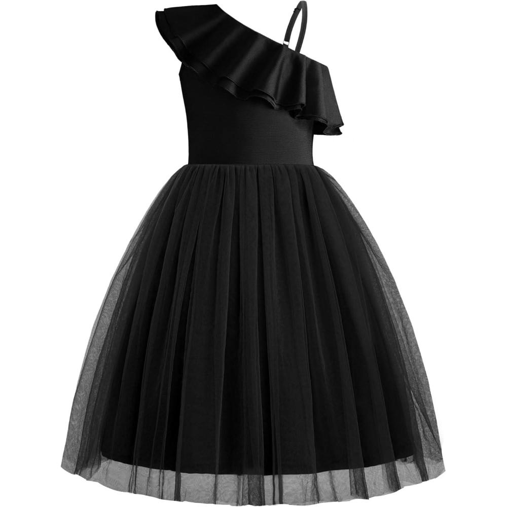 image:imageArshiner Girls Dresses Ruffle Trim Off Shoulder Formal Wedding Party Fancy Summer Tulle Dress for 614 YearsBlack