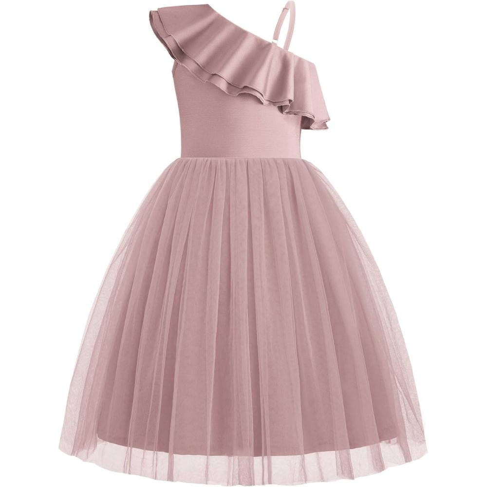image:imageArshiner Girls Dresses Ruffle Trim Off Shoulder Formal Wedding Party Fancy Summer Tulle Dress for 614 YearsDusty Pink