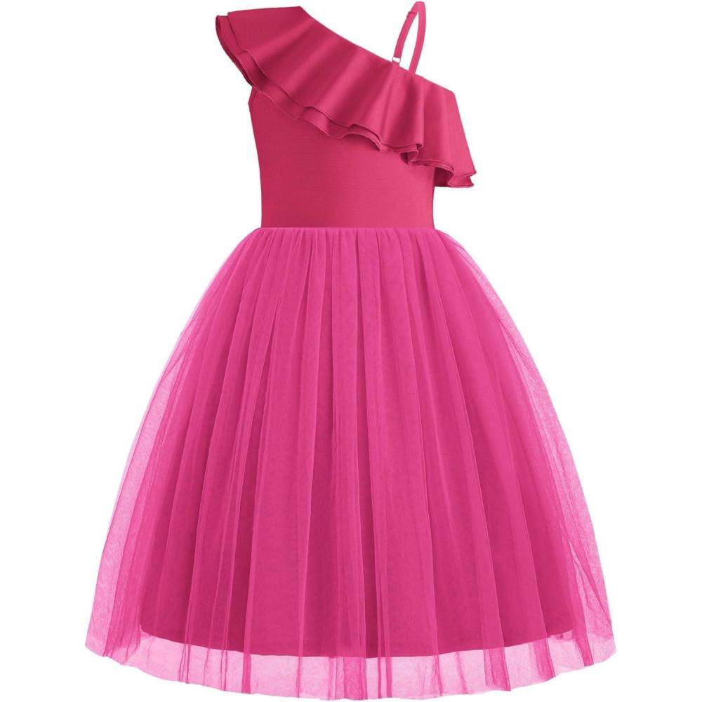 image:imageArshiner Girls Dresses Ruffle Trim Off Shoulder Formal Wedding Party Fancy Summer Tulle Dress for 614 YearsHot Pink