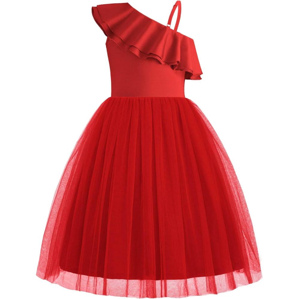 image:imageArshiner Girls Dresses Ruffle Trim Off Shoulder Formal Wedding Party Fancy Summer Tulle Dress for 614 YearsRed