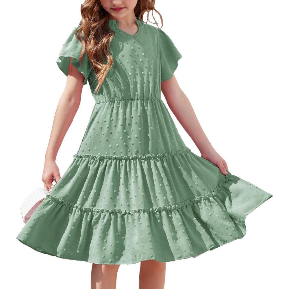 image:imageArshiner Girls Dresses Summer Ruffle Sleeve Swiss Dot V Neck Twirl Birthday Party Midi Dress with PocketsLight Green