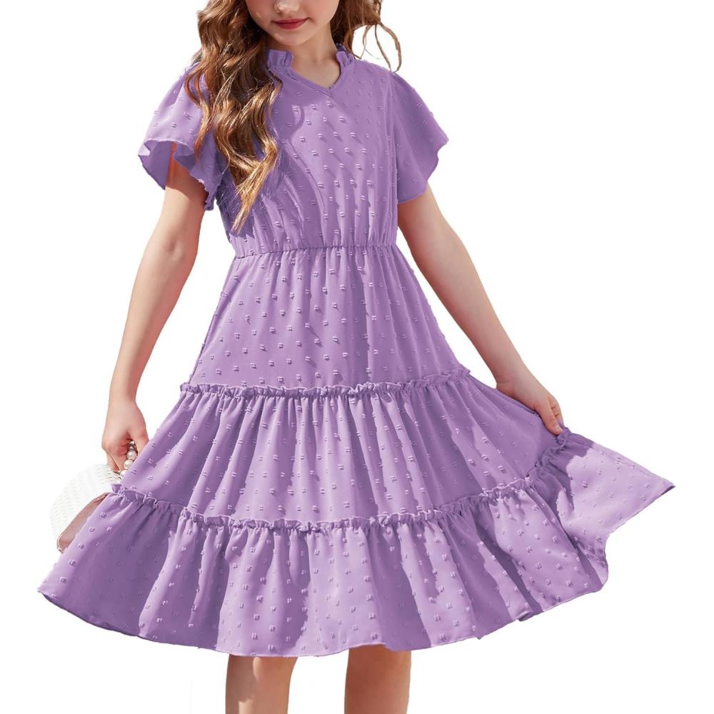 image:imageArshiner Girls Dresses Summer Ruffle Sleeve Swiss Dot V Neck Twirl Birthday Party Midi Dress with PocketsLilac