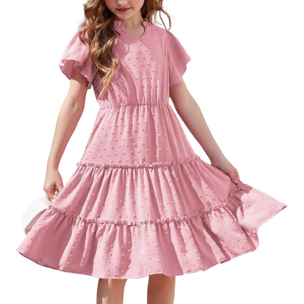 image:imageArshiner Girls Dresses Summer Ruffle Sleeve Swiss Dot V Neck Twirl Birthday Party Midi Dress with PocketsPink