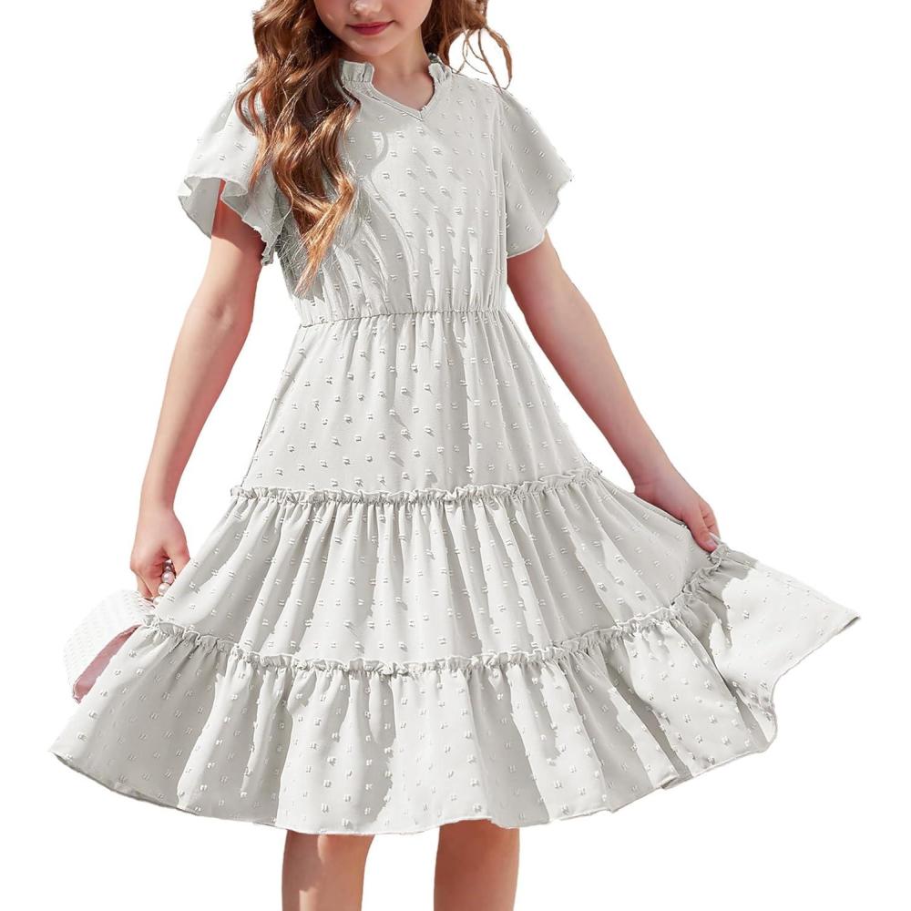 image:imageArshiner Girls Dresses Summer Ruffle Sleeve Swiss Dot V Neck Twirl Birthday Party Midi Dress with PocketsWhite