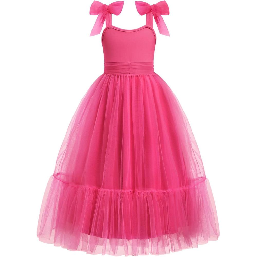 image:imageArshiner Girls Dresses Summer Sleeveless BowTie Straps Birthday Party Long Tulle DressHot Pink