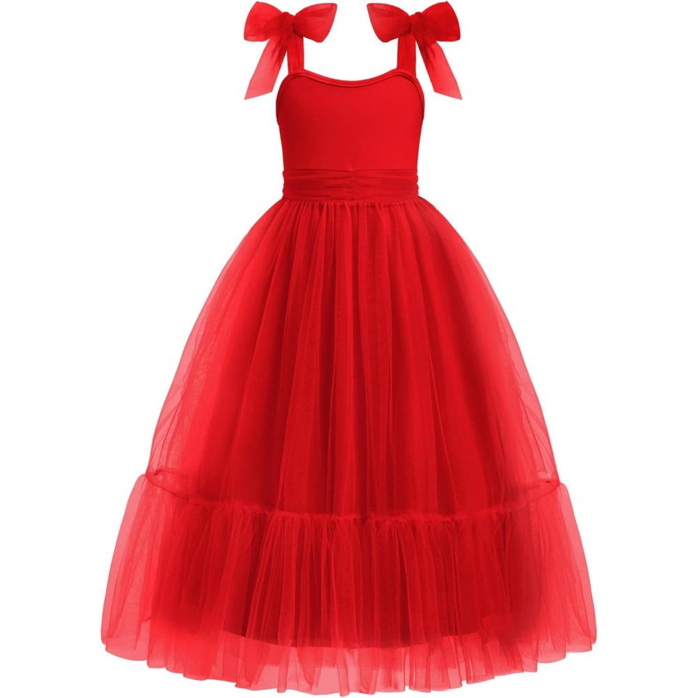 image:imageArshiner Girls Dresses Summer Sleeveless BowTie Straps Birthday Party Long Tulle DressRed
