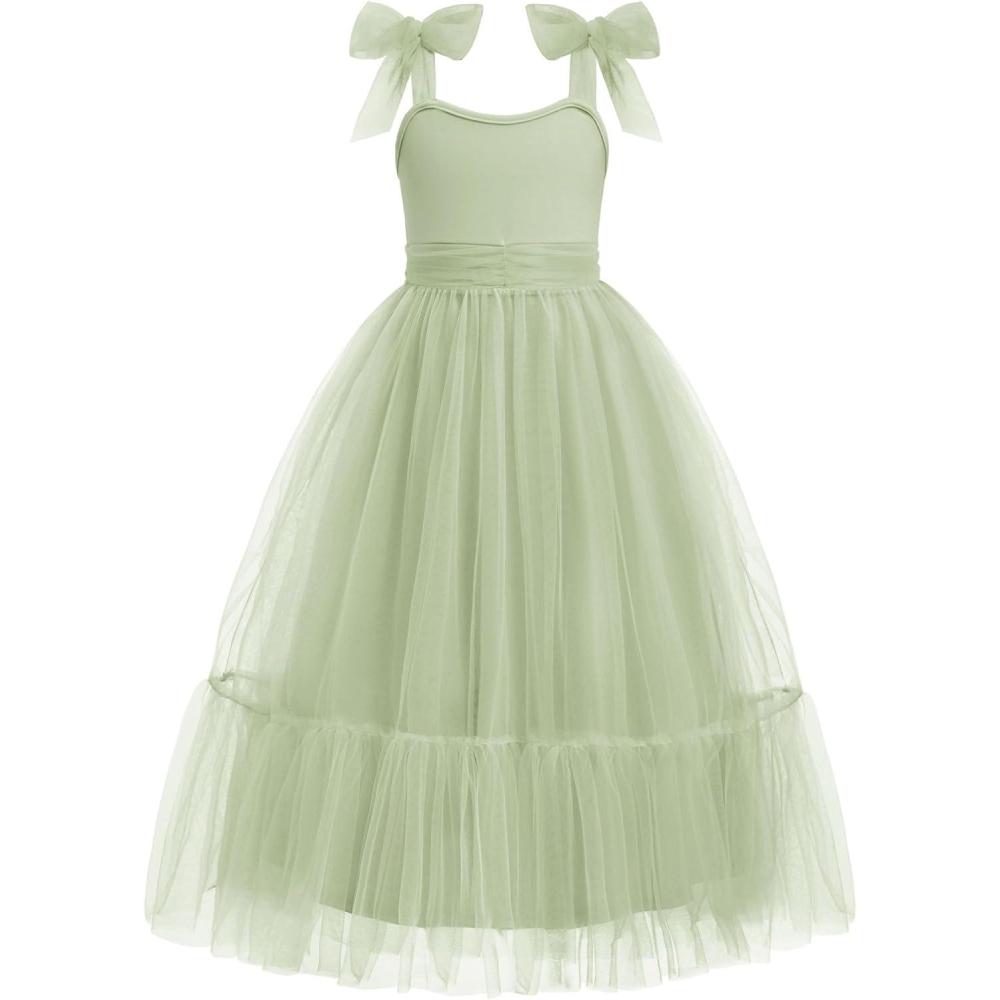 image:imageArshiner Girls Dresses Summer Sleeveless BowTie Straps Birthday Party Long Tulle DressSage Green