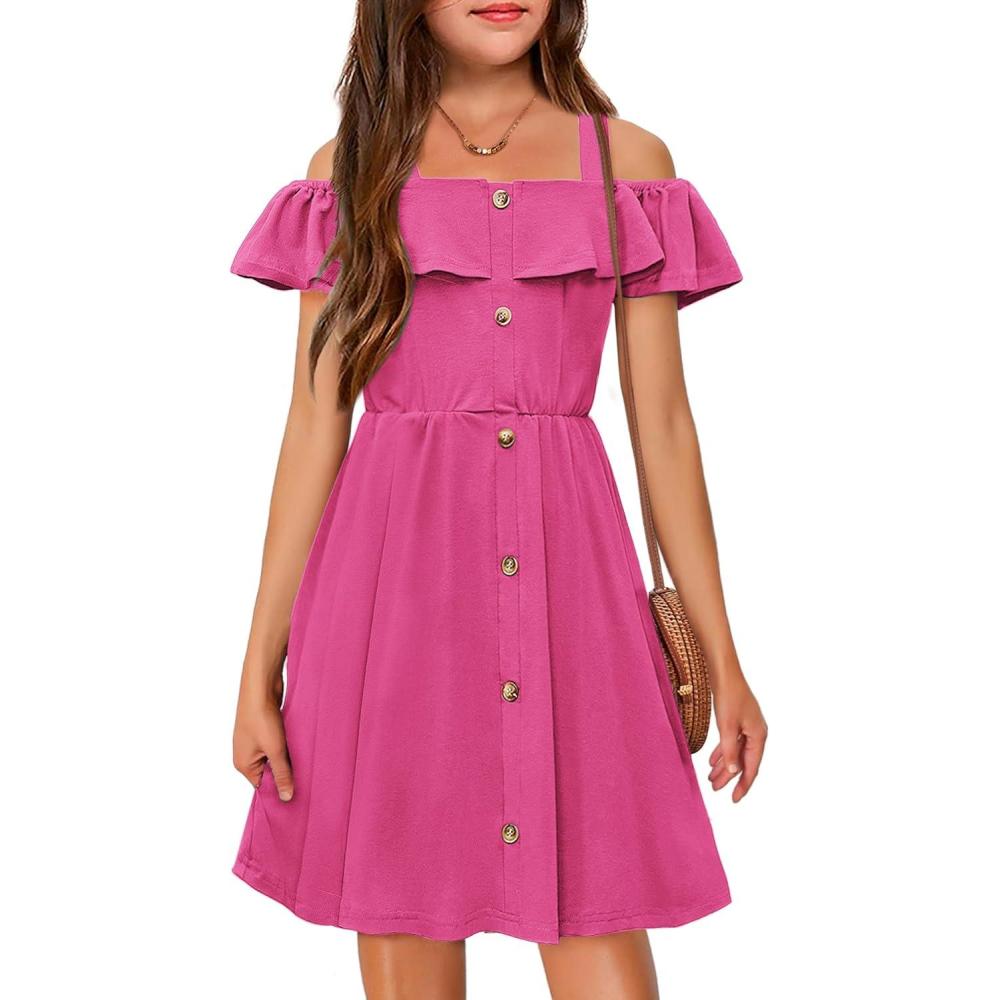 image:imageArshiner Girls Dresses Summer Spaghetti Strap Cold Shoulder Ruffle Button Down A Line DressesHot Pink