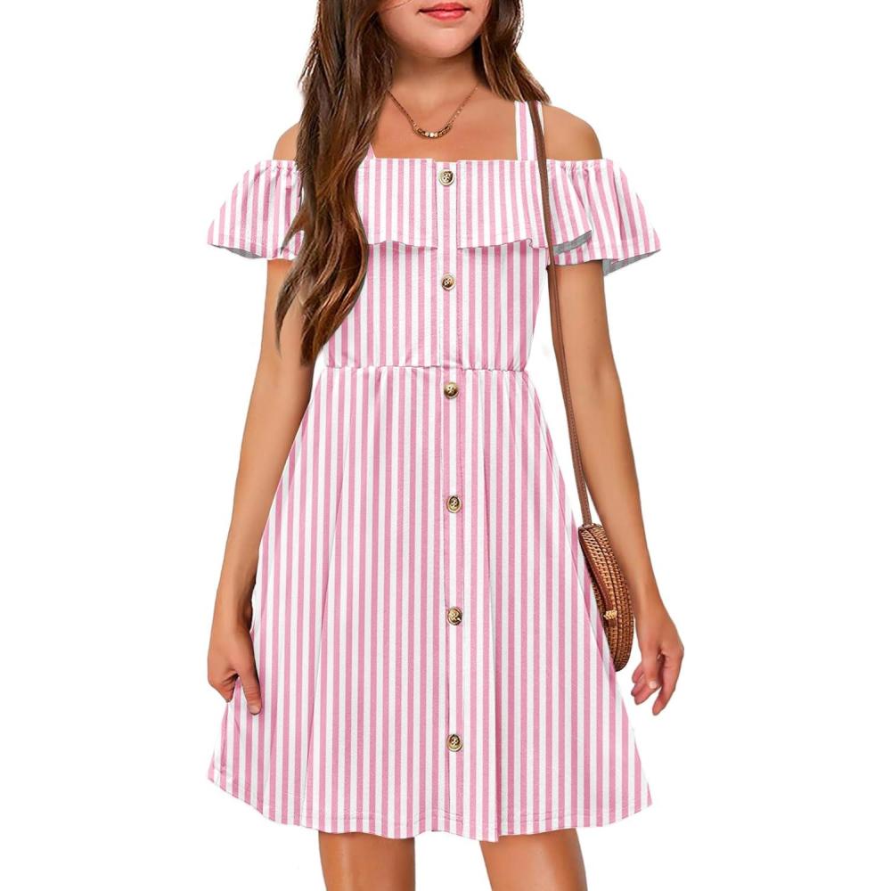 image:imageArshiner Girls Dresses Summer Spaghetti Strap Cold Shoulder Ruffle Button Down A Line DressesPink Stripe