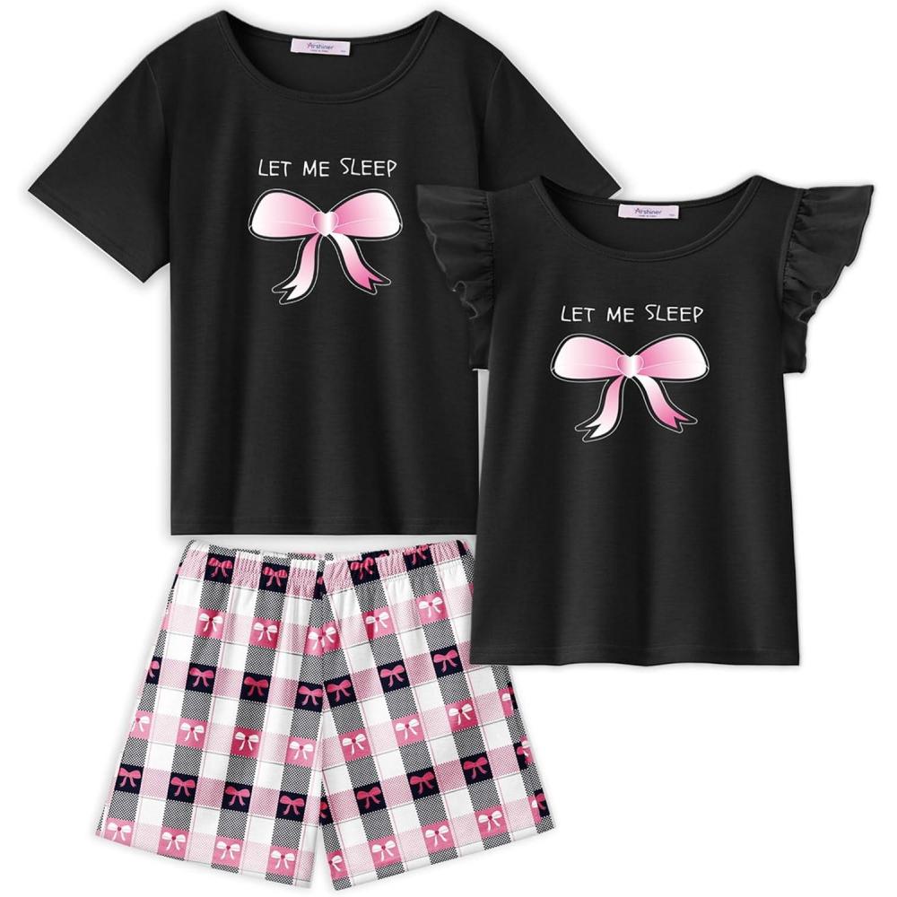 image:imageArshiner Girls Pajamas Set Short Sleeve Pjs Sleepwear 3PCS Summer Lounge Sets NightwearBow Plaid