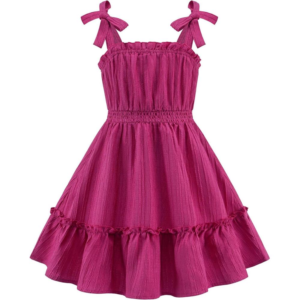 image:imageArshiner Girls Summer Dress BowTie Straps Sleeveless Flowy Ruffle Trim Boho Beach Casual SundressHot Pink