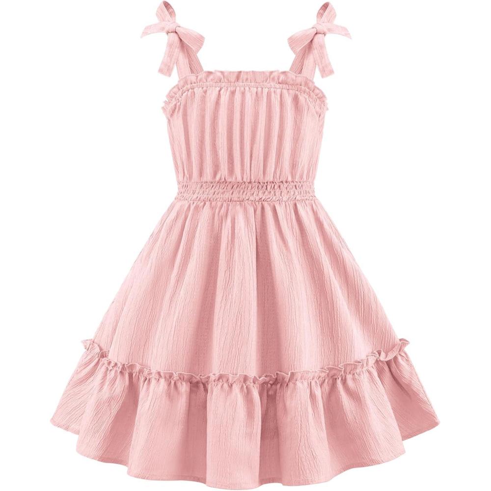 image:imageArshiner Girls Summer Dress BowTie Straps Sleeveless Flowy Ruffle Trim Boho Beach Casual SundressLight Pink