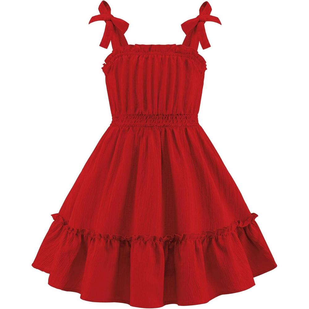image:imageArshiner Girls Summer Dress BowTie Straps Sleeveless Flowy Ruffle Trim Boho Beach Casual SundressRed