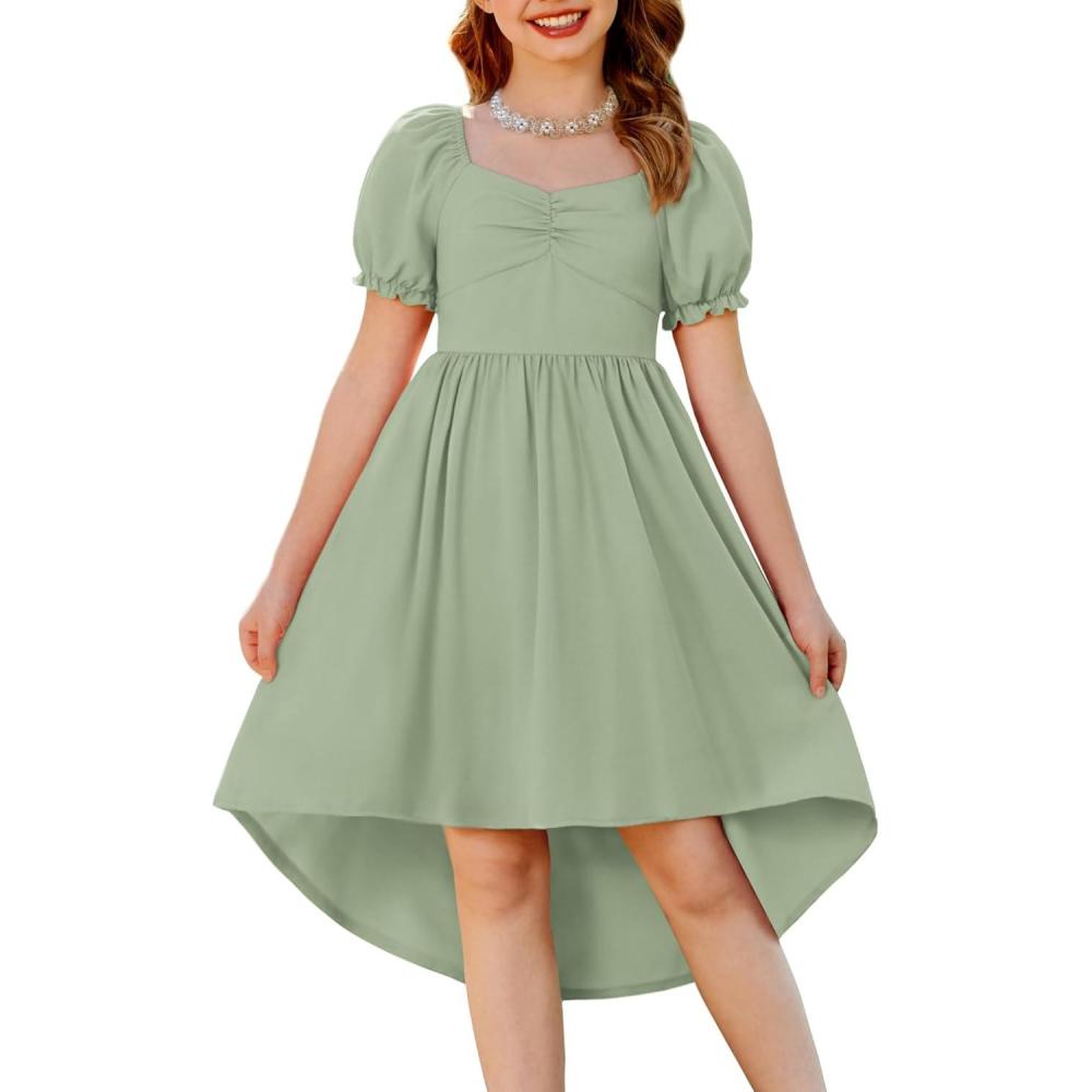 image:imageArshiner Girls Summer Dress Puff Sleeve High Low Swing Off Shoulder Formal Dresses with PocketLight Green
